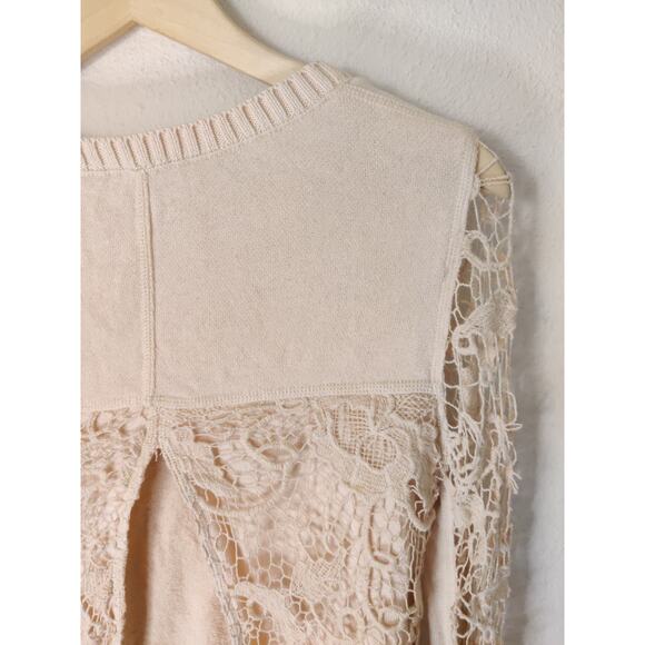 Free People Cream Long Sleeve Lace Overlay Round Neck Sweater Size XS - Picture 6 of 8